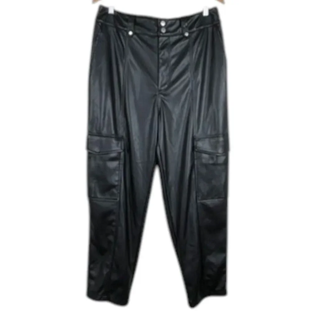 7 For All Mankind Vegan Faux Leather Cargo Pants Size Large Black High Rise EUC